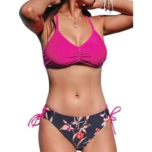 Cupshe Hot Pink Floral Bikini Set Two Piece  Braided Back  reversible bottoms